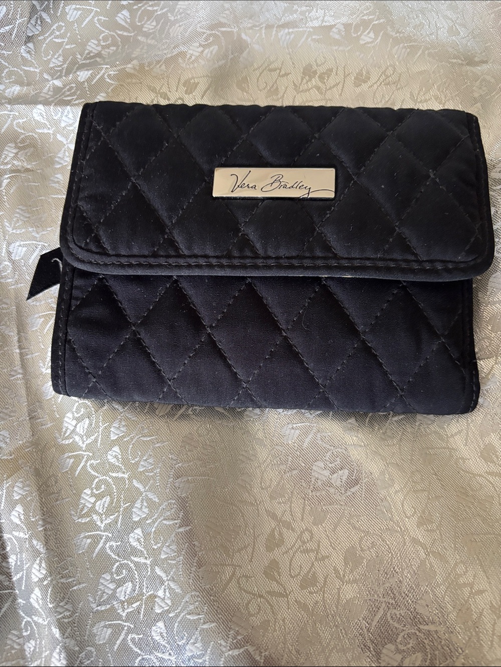Vera Bradley Quilted Black Trifold Wallet with Metal Logo